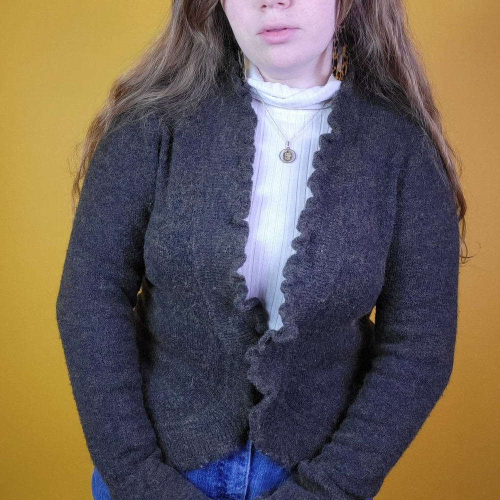 Jillian Jones Gray Brown Cozy Knit Wool Blend Cardigan Sweater, L